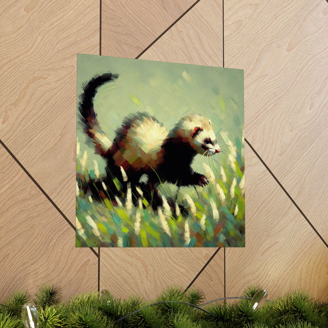 Playful Ferret Running Through Tall Meadow Grass Wildlife Poster