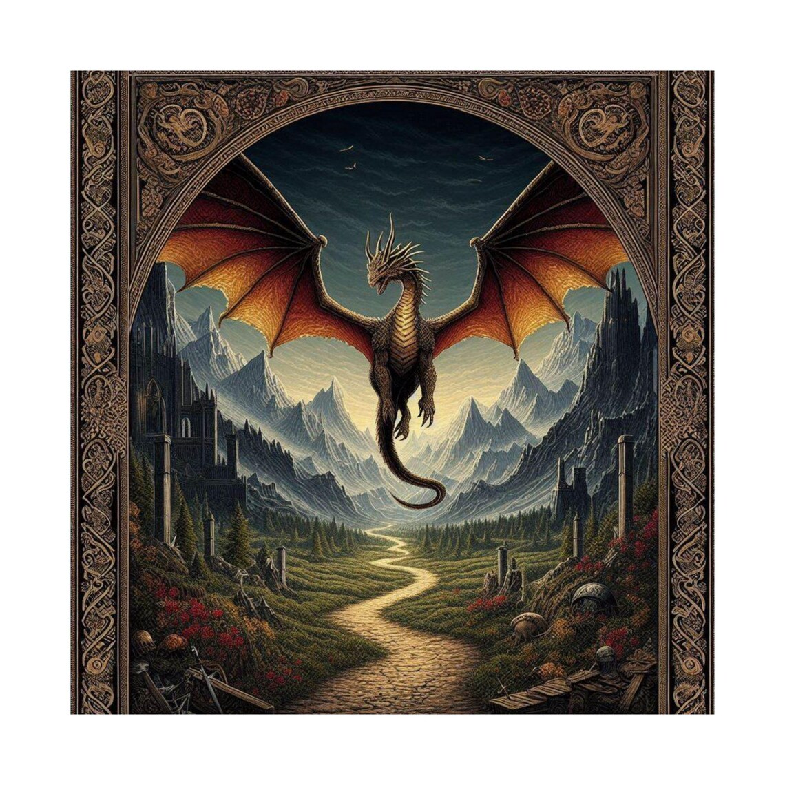 Majestic Dragon Soaring Over a Mountain Valley Fantasy Art Poster - Image 7