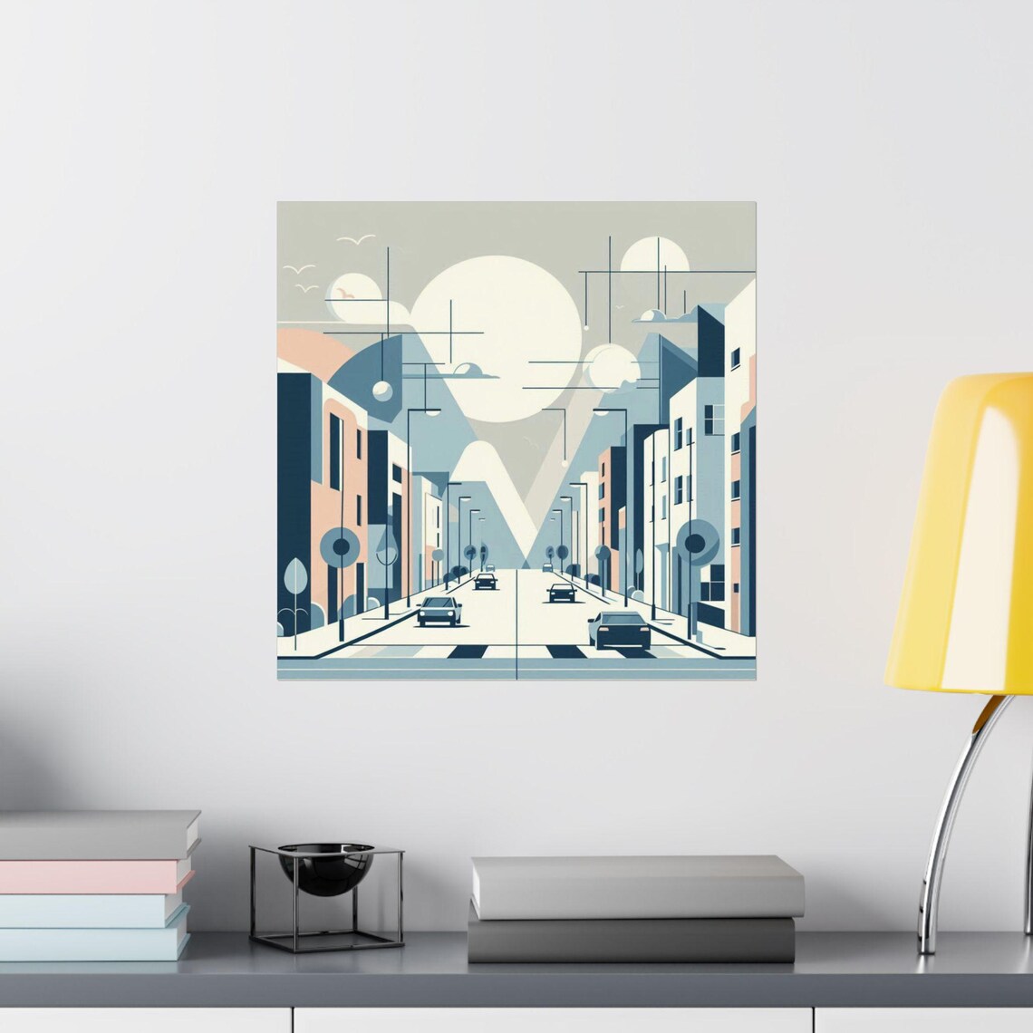 Geometric Minimalist City Street with Cars Pastel Blue Poster - Image 2