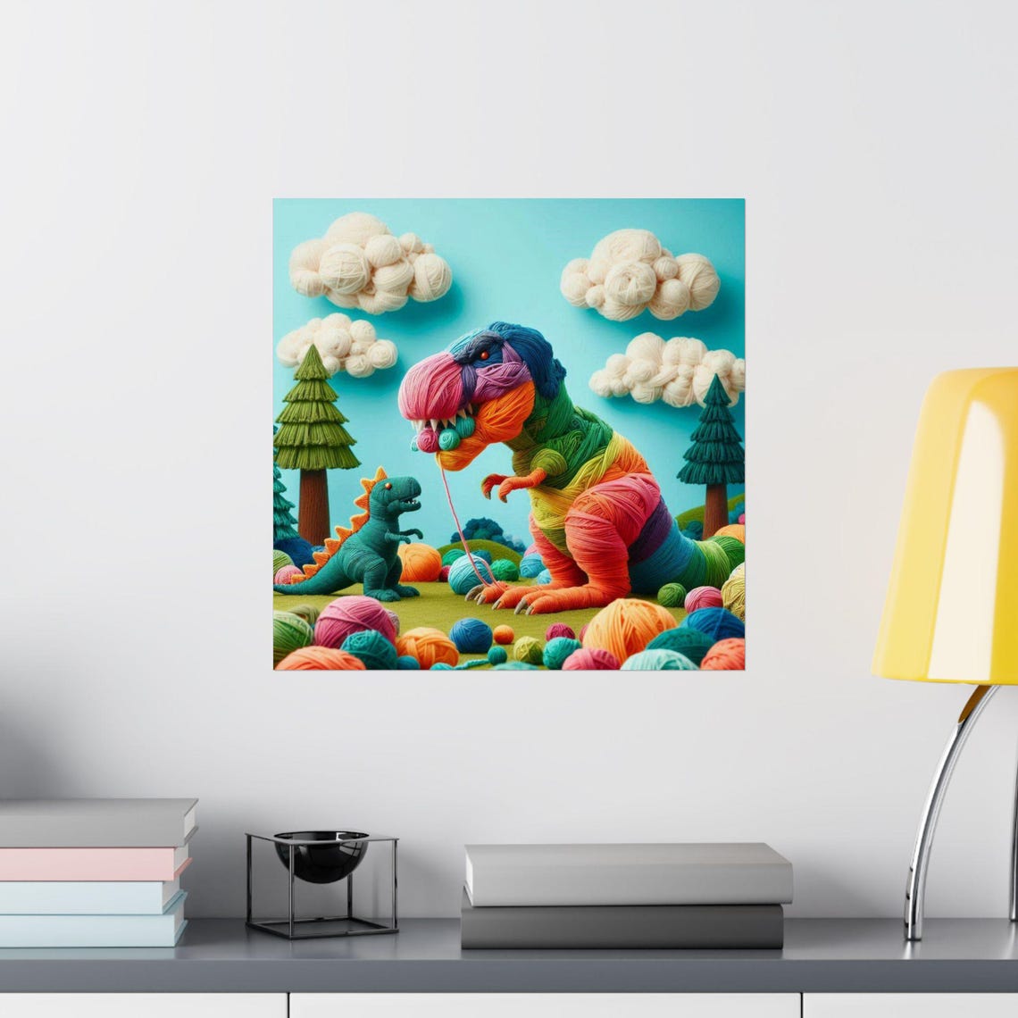 Colorful Yarn T Rex With Baby Dinosaur Fun Kids Room Art Poster - Image 2