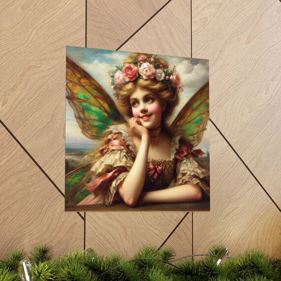 Vintage Style Fairy Portrait with Rose Crown and Butterfly Wings Poster