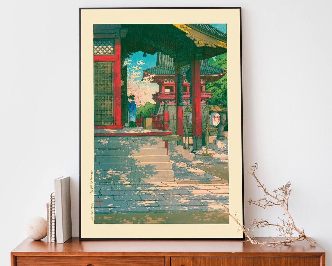 Kawase Hasui Meguro Fudo Temple Spring Courtyard Vintage Woodblock Poster