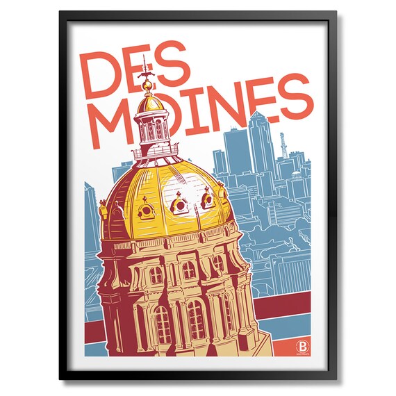 Des Moines Iowa State Capitol Gold Dome Vintage Travel Poster
