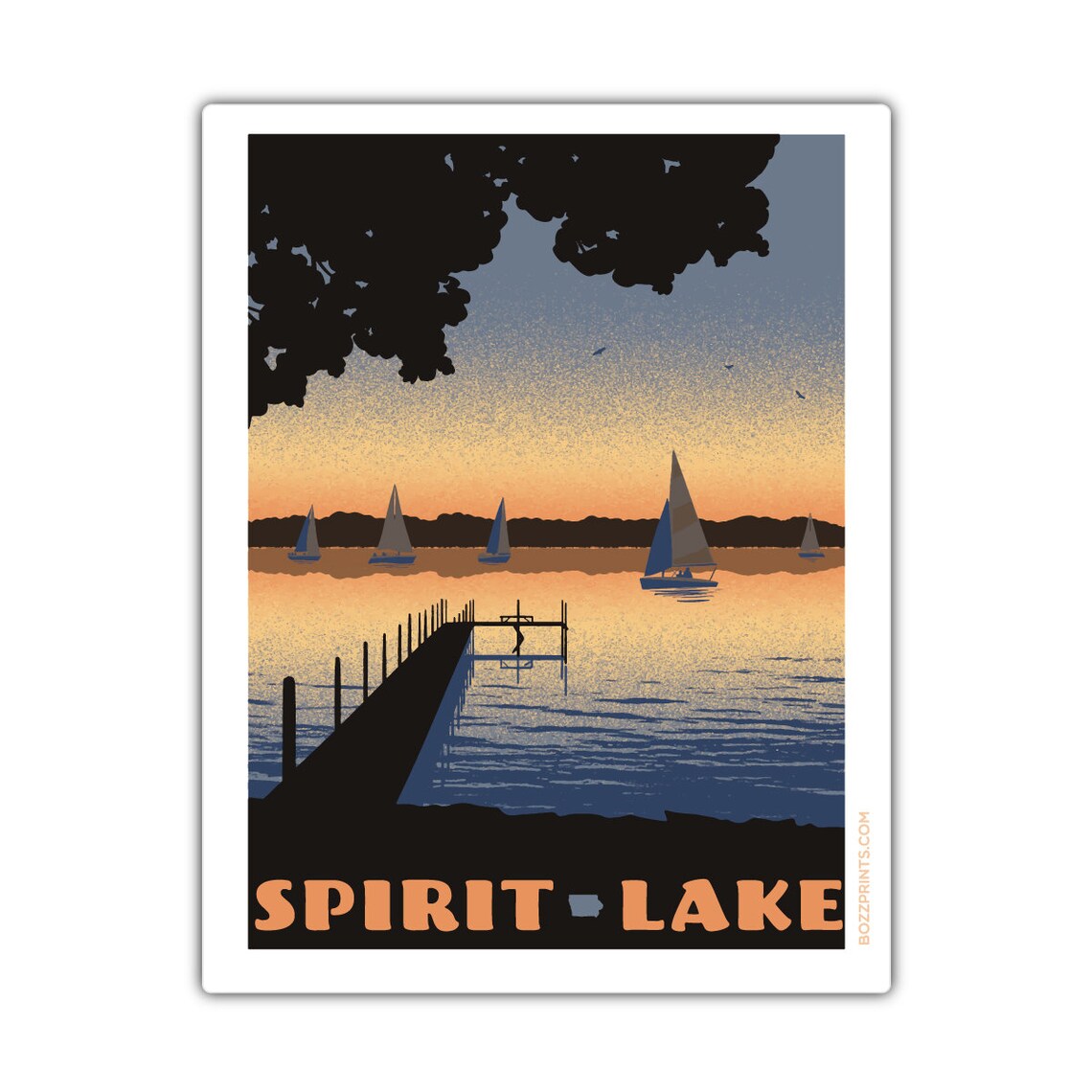 Spirit Lake Iowa Sunset Sailboat Dock Vintage Travel Art Poster
