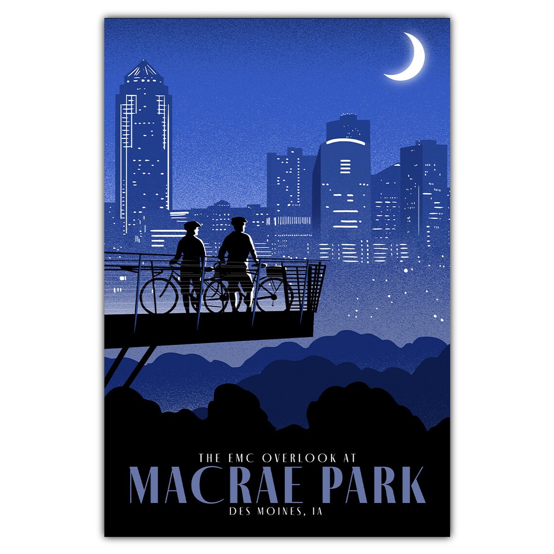Macrae Park Des Moines Iowa Night Skyline Cyclists Overlook Travel Poster
