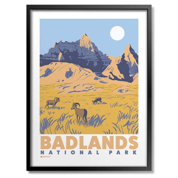 Badlands National Park Bighorn Sheep Sunset Vintage Travel Poster