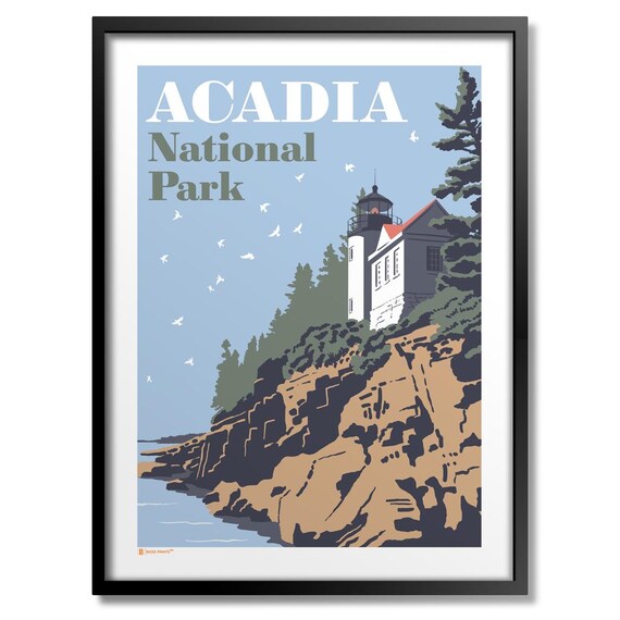 Acadia National Park Bass Harbor Lighthouse Maine Coast Vintage Travel Poster