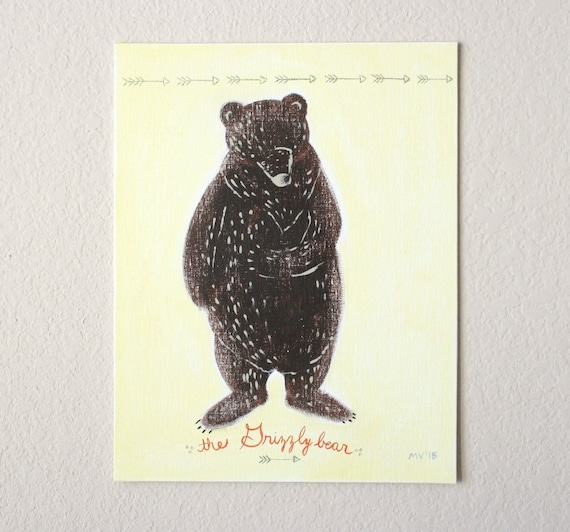 The Grizzly Bear Standing Silhouette Woodland Nursery Kids Poster
