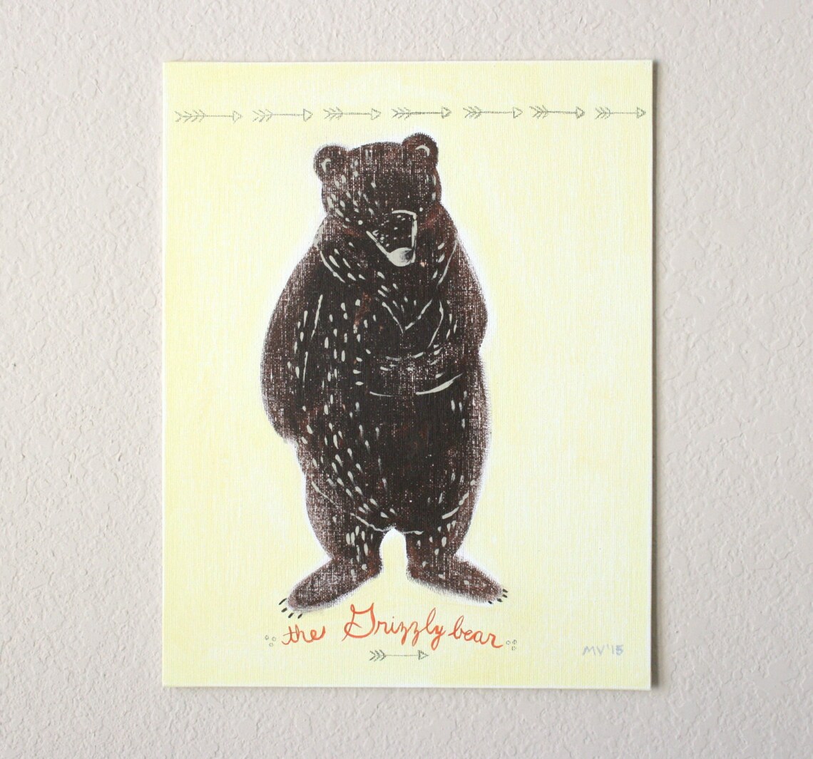 The Grizzly Bear Standing Silhouette Woodland Nursery Kids Poster
