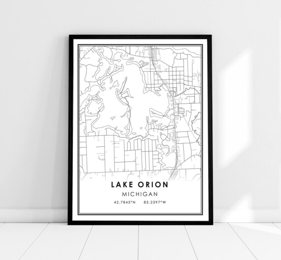 Lake Orion Michigan Minimalist Black And White City Map Poster