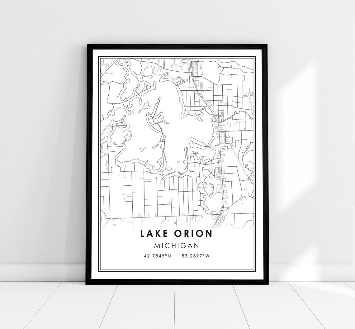 Lake Orion Michigan Minimalist Black And White City Map Poster