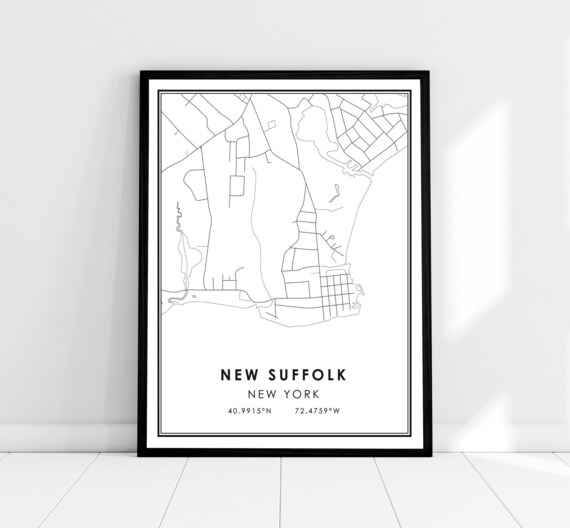 New Suffolk New York Black and White City Map Poster Minimalist Decor
