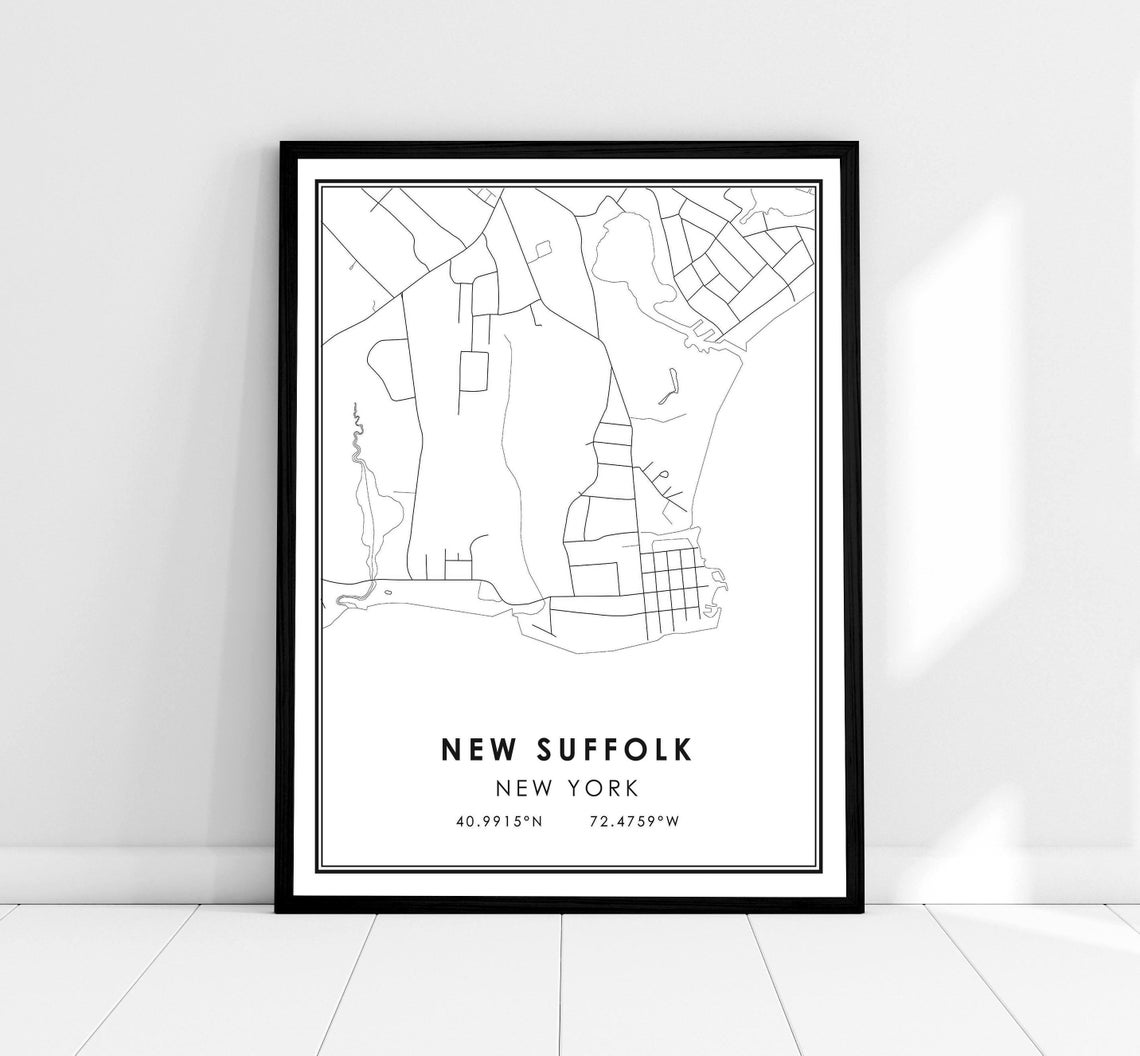 New Suffolk New York Black and White City Map Poster Minimalist Decor