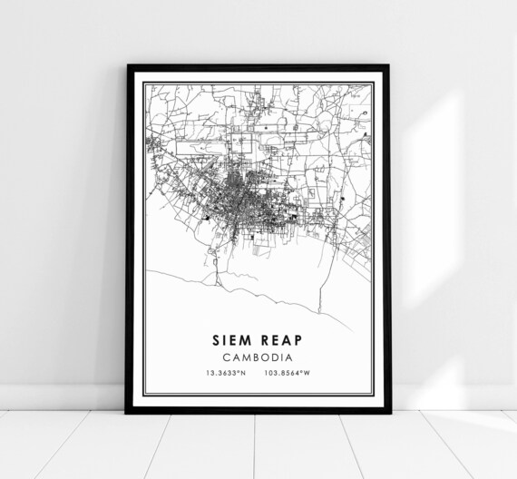 Siem Reap Cambodia Minimalist Black White City Map Coordinates Poster