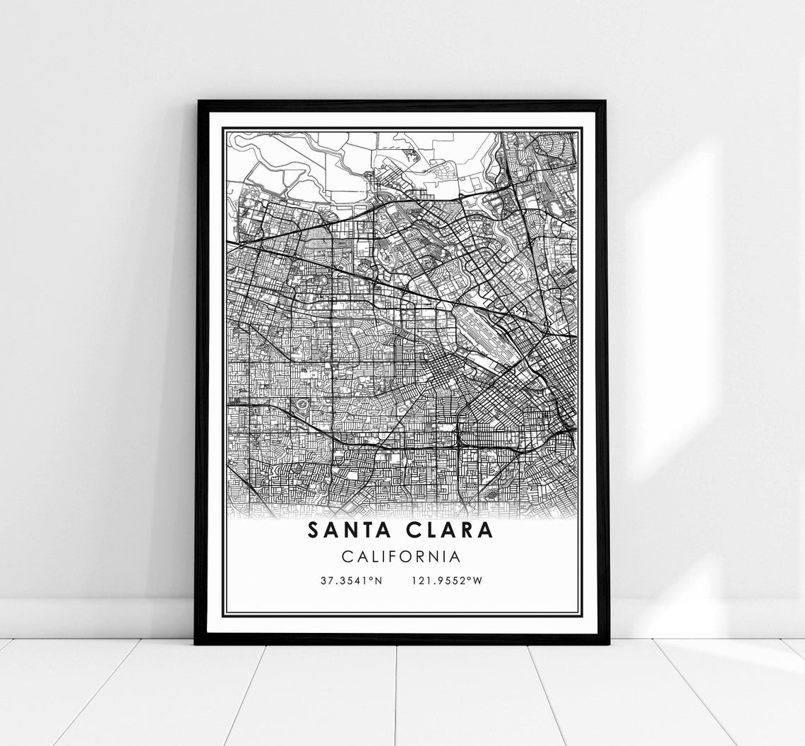 Santa Clara California Minimalist Black And White City Map Poster