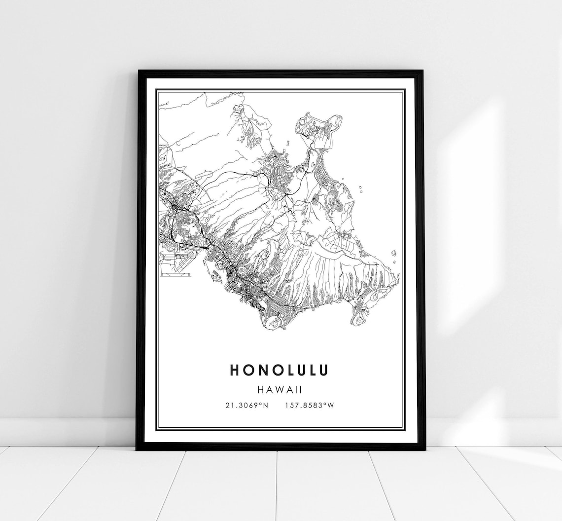 Honolulu Map Print Poster, Hawaii City Travel Art