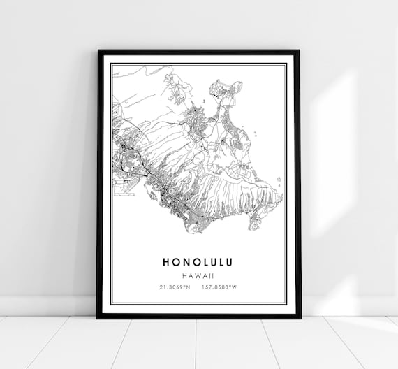 Honolulu Map Print Poster, Hawaii City Travel Art