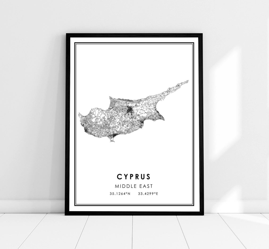 Cyprus Island Black and White Road Network Map Coordinates Poster