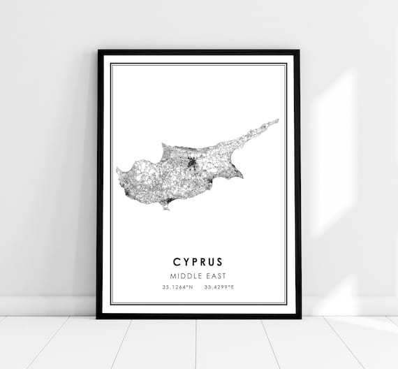 Cyprus Island Black and White Road Network Map Coordinates Poster