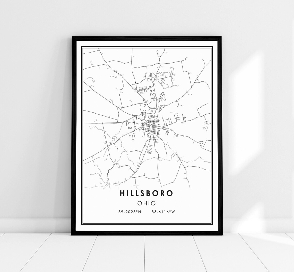 Hillsboro Ohio City Street Map Minimalist Black and White Print