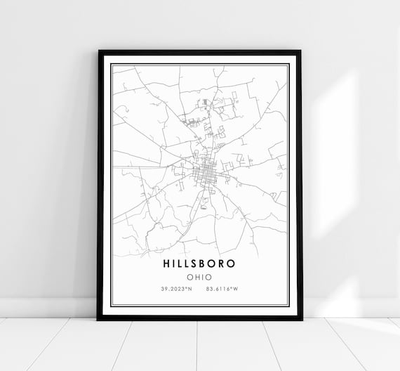 Hillsboro Ohio City Street Map Minimalist Black and White Print