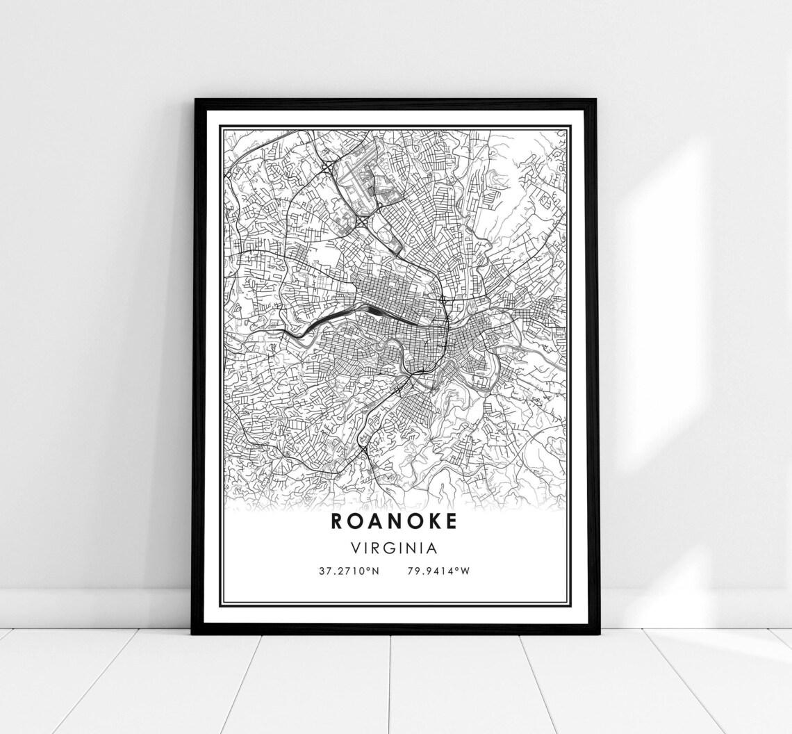 Roanoke Map Print Poster, Virginia City Travel