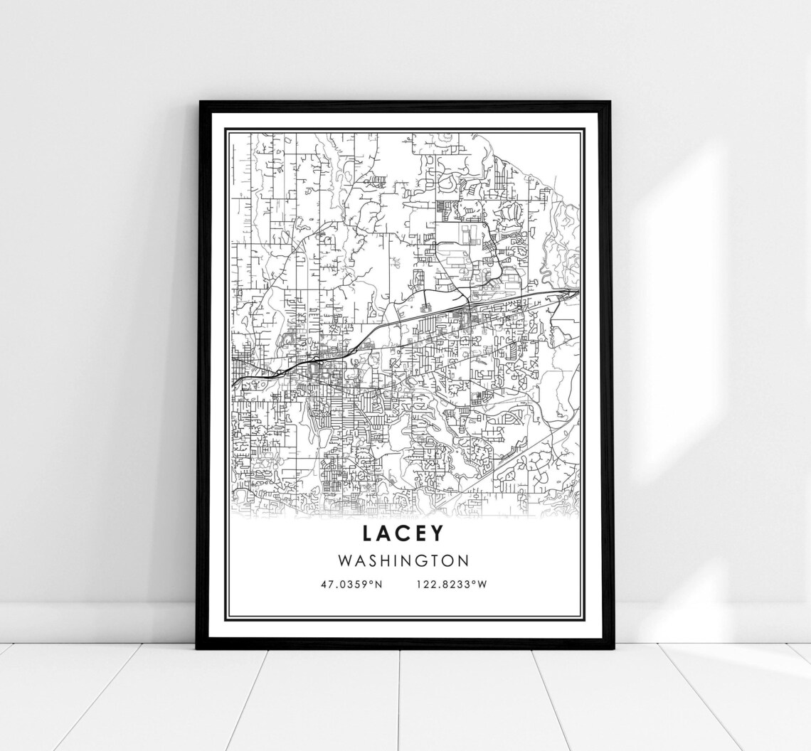 Lacey Washington City Street Map Minimalist Black and White Print
