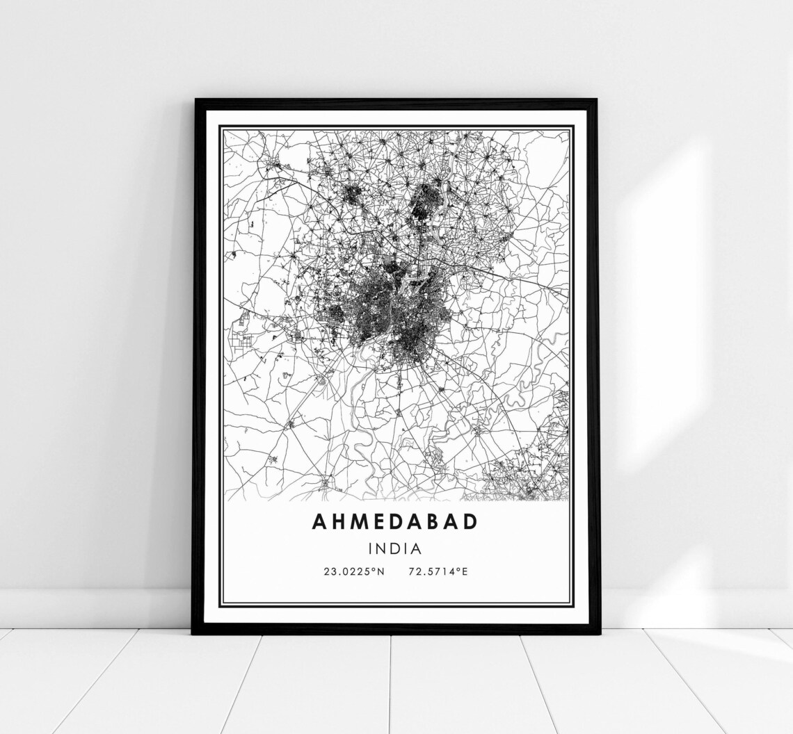 Ahmedabad India Minimalist City Street Map Black and White Print