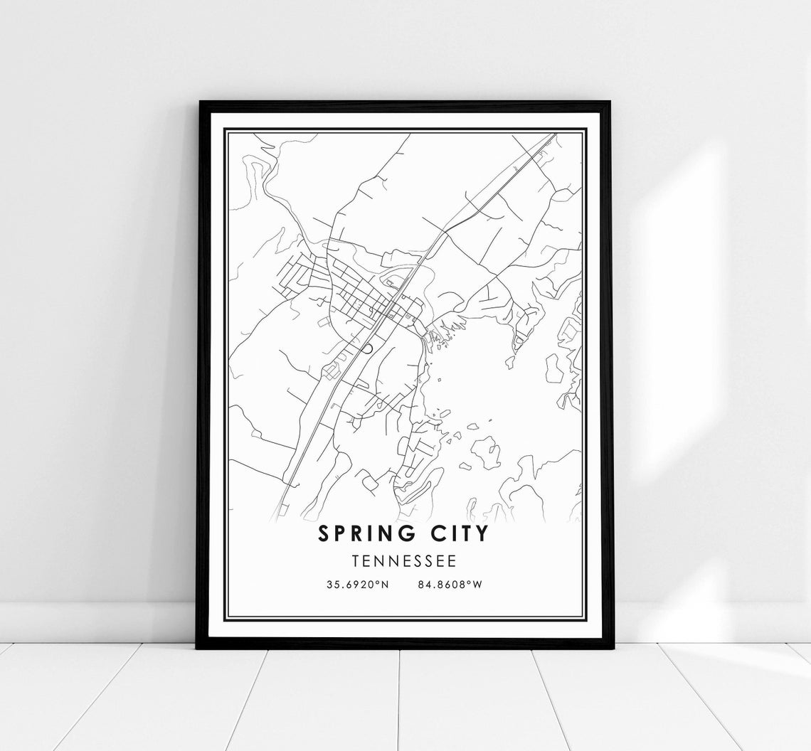 Spring City Tennessee Minimalist Black and White Map Art Print