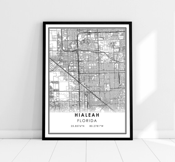 Hialeah Florida Minimalist City Map Black White Street Line Art Poster