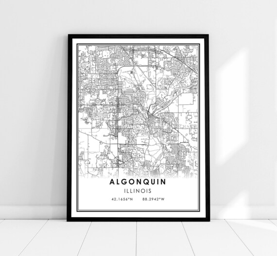 Algonquin Illinois Minimalist City Map Line Art Black White Travel Poster