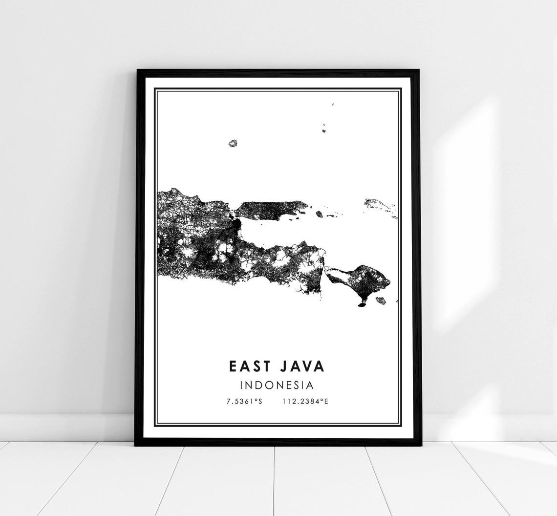 East Java Indonesia Minimalist Black and White Map Art Print