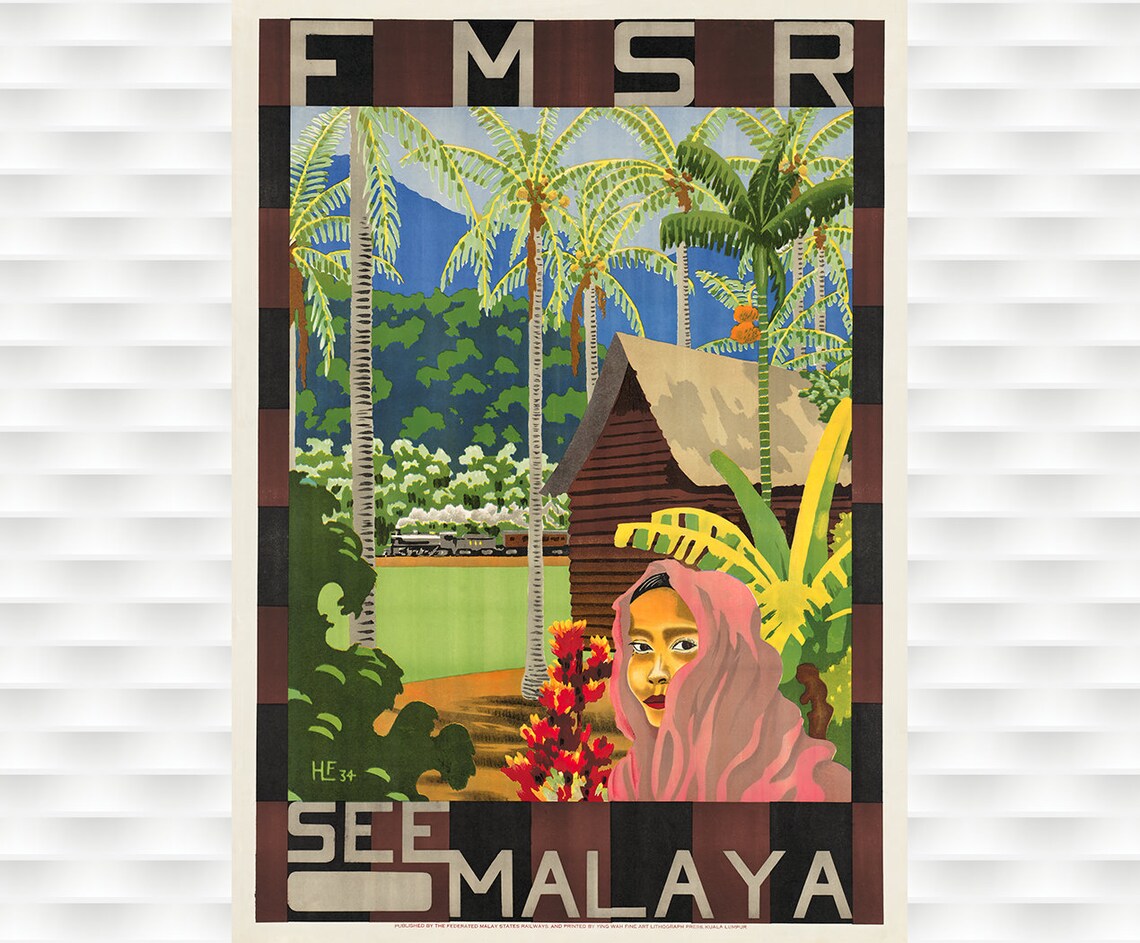 See Malaya FMSR Railway Palm Trees Vintage Travel Poster Art