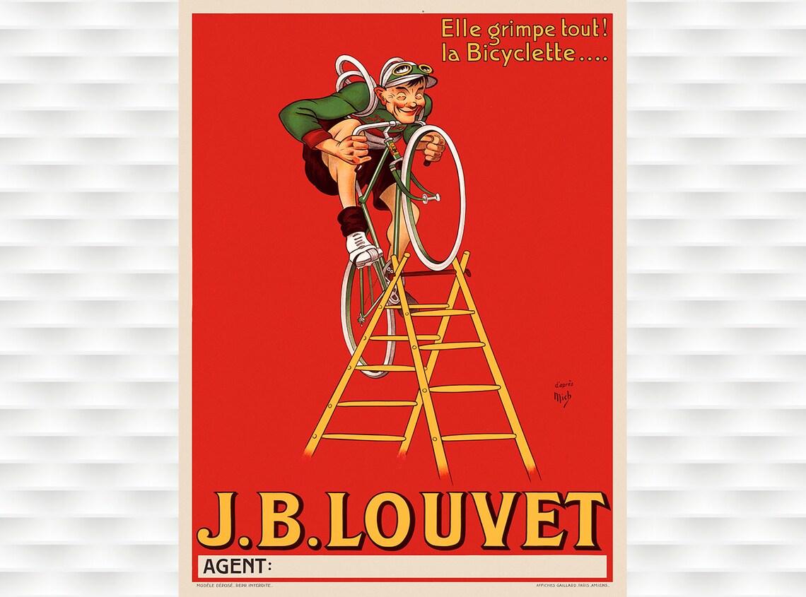 J B Louvet Elle Grimpe Tout Ladder Bicycle Red Vintage French Poster