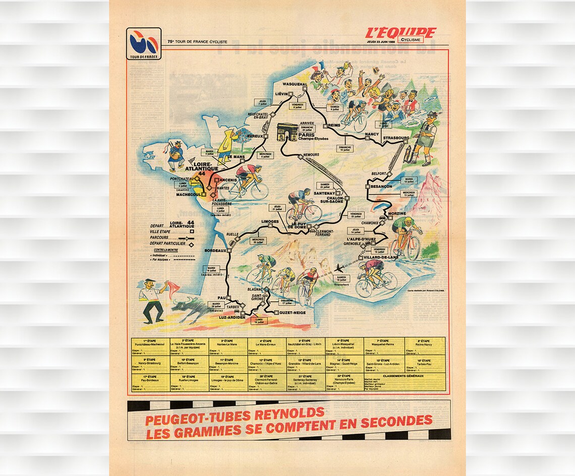 1988 Tour de France L'Equipe Official Route Map Cycling Poster