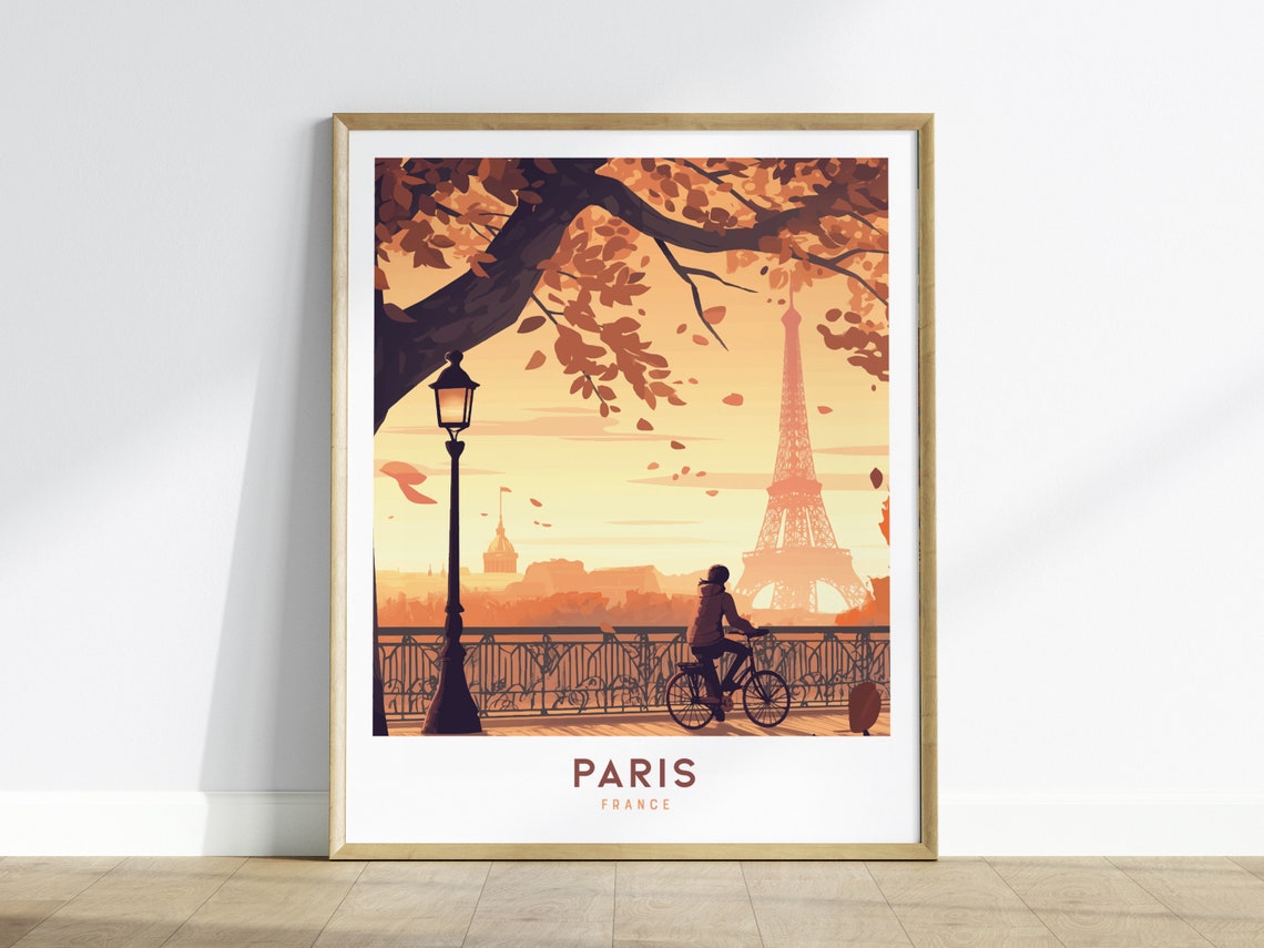 Paris France Eiffel Tower Cyclist Autumn Street Scene Art Poster