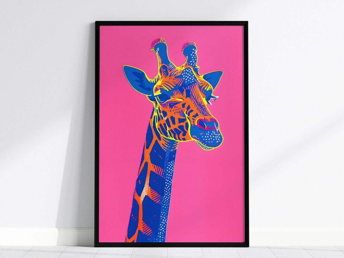 Neon Giraffe Pop Art Print 80s Retro Safari Wall Decor