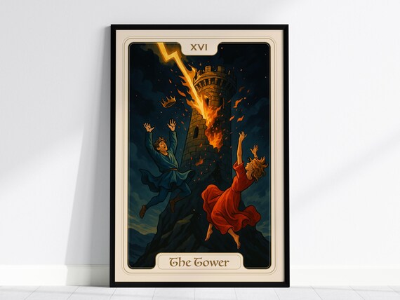 The Tower XVI Tarot Card Art Nouveau Mystical Lightning Poster