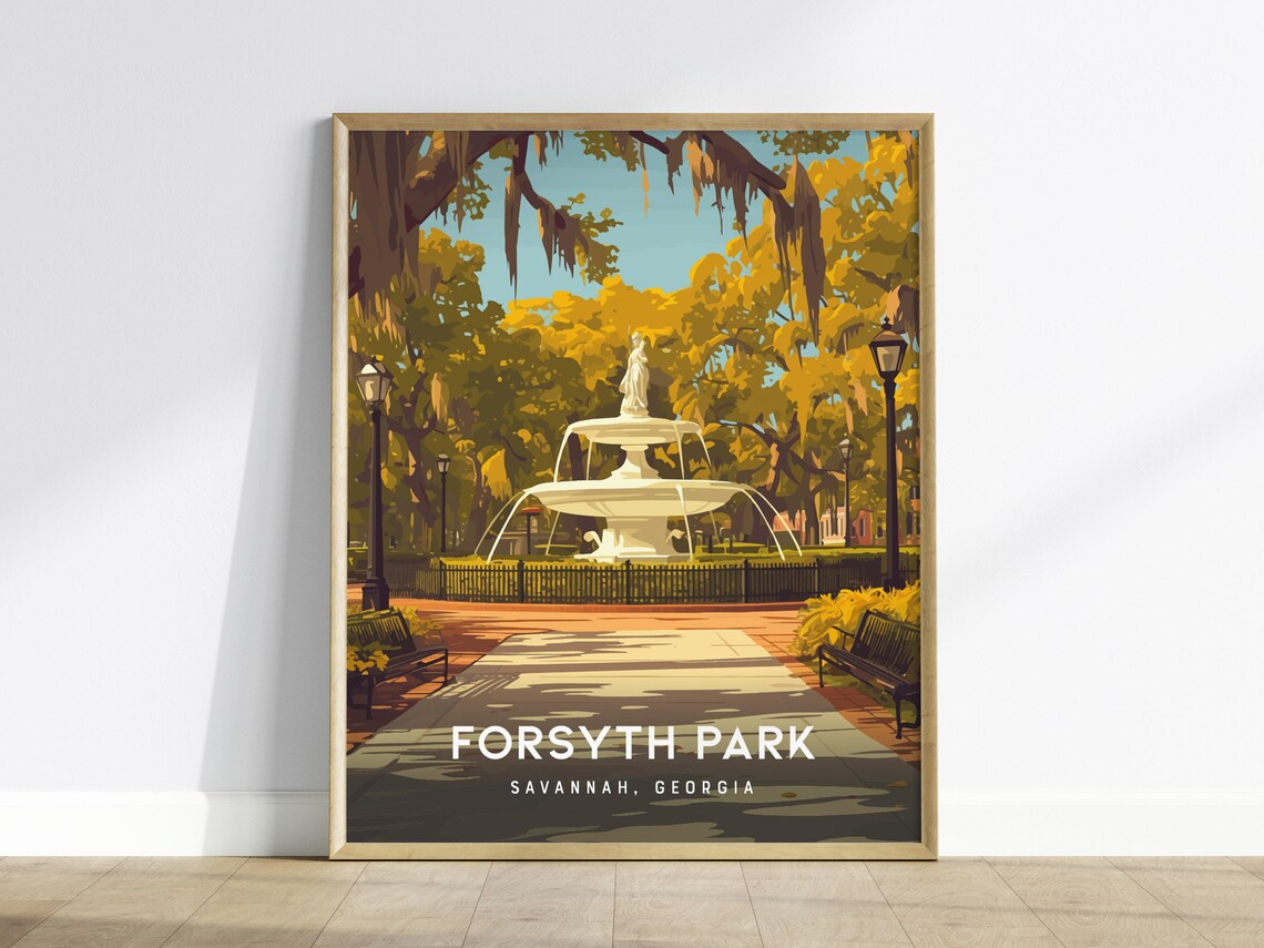 Forsyth Park Savannah Georgia Fountain Vintage Travel Illustration Poster