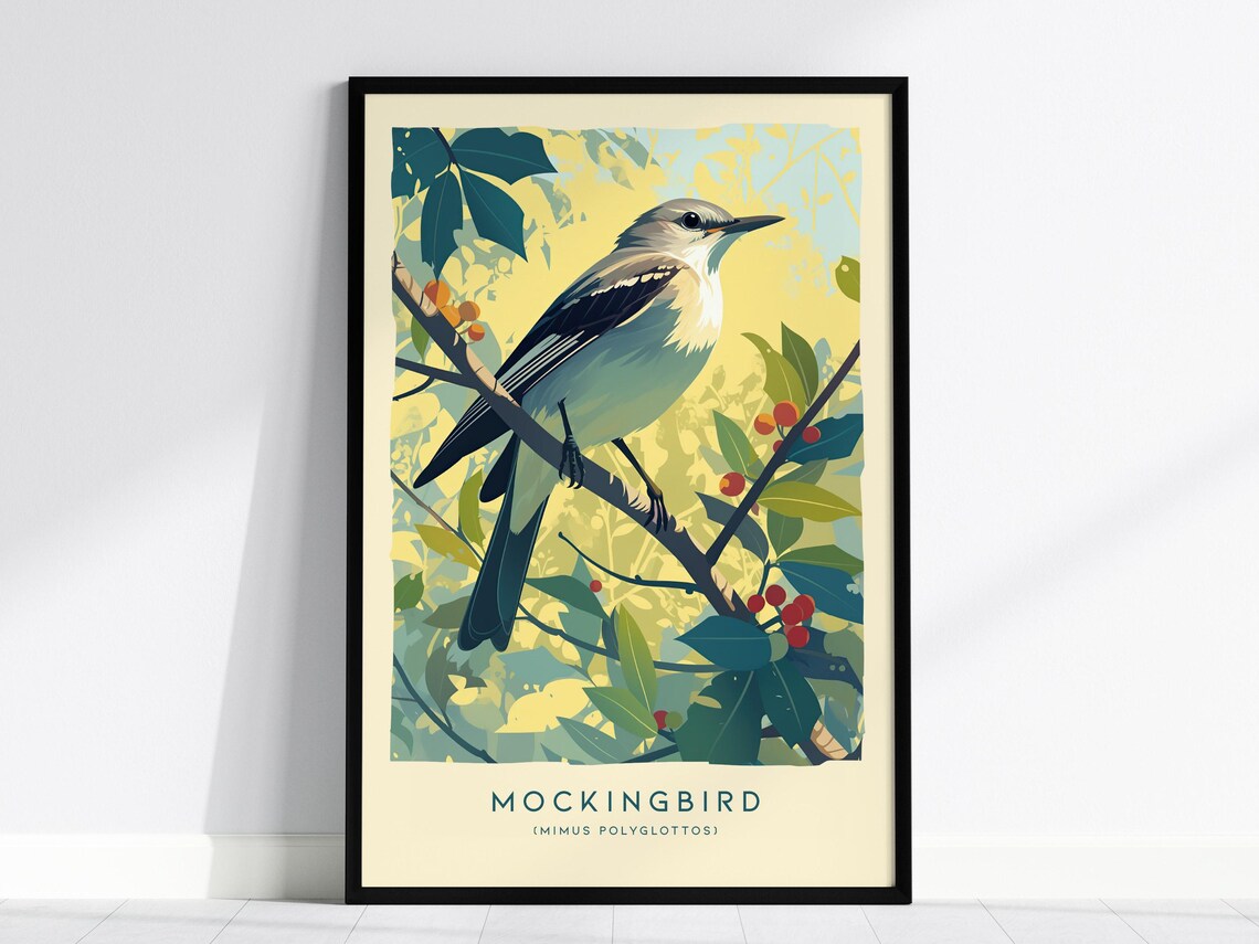 Mockingbird Art Print, Audubon-Style Nature Poster