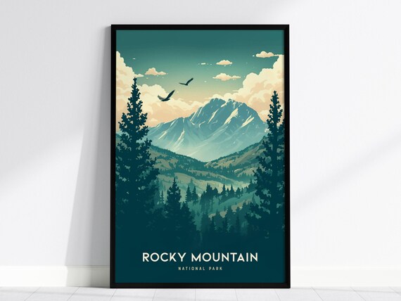 Rocky Mountain National Park Snowy Peak Forest Vintage Style Poster
