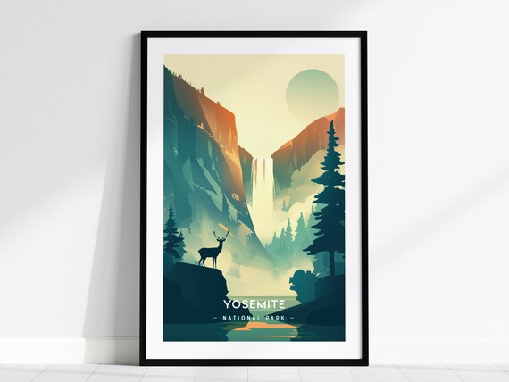 Yosemite National Park Minimalist Travel Poster Waterfall Deer Sunset Decor