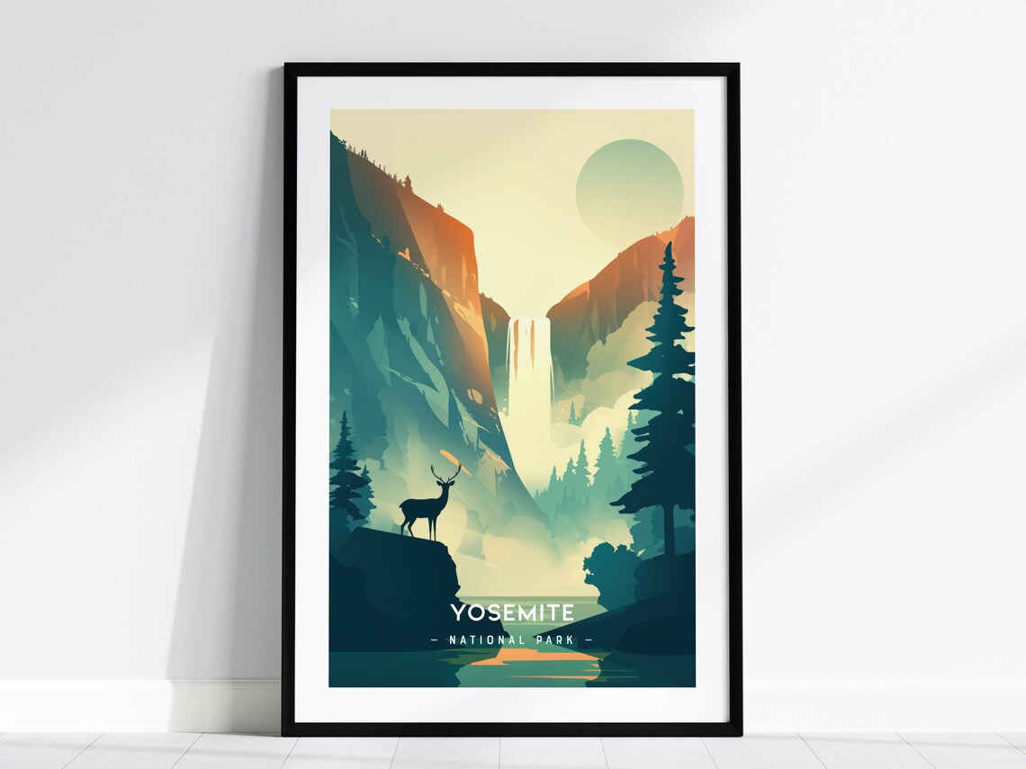 Yosemite National Park Minimalist Travel Poster Waterfall Deer Sunset Decor