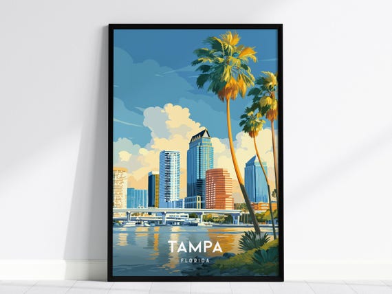Tampa Florida Downtown Skyline Waterfront Palm Tree Sunset Poster