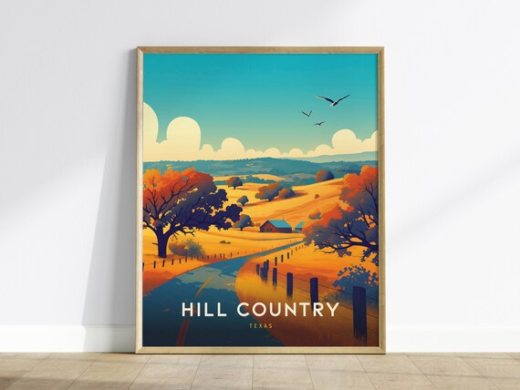 Hill Country Texas Golden Rolling Hills Sunset Road Travel Poster