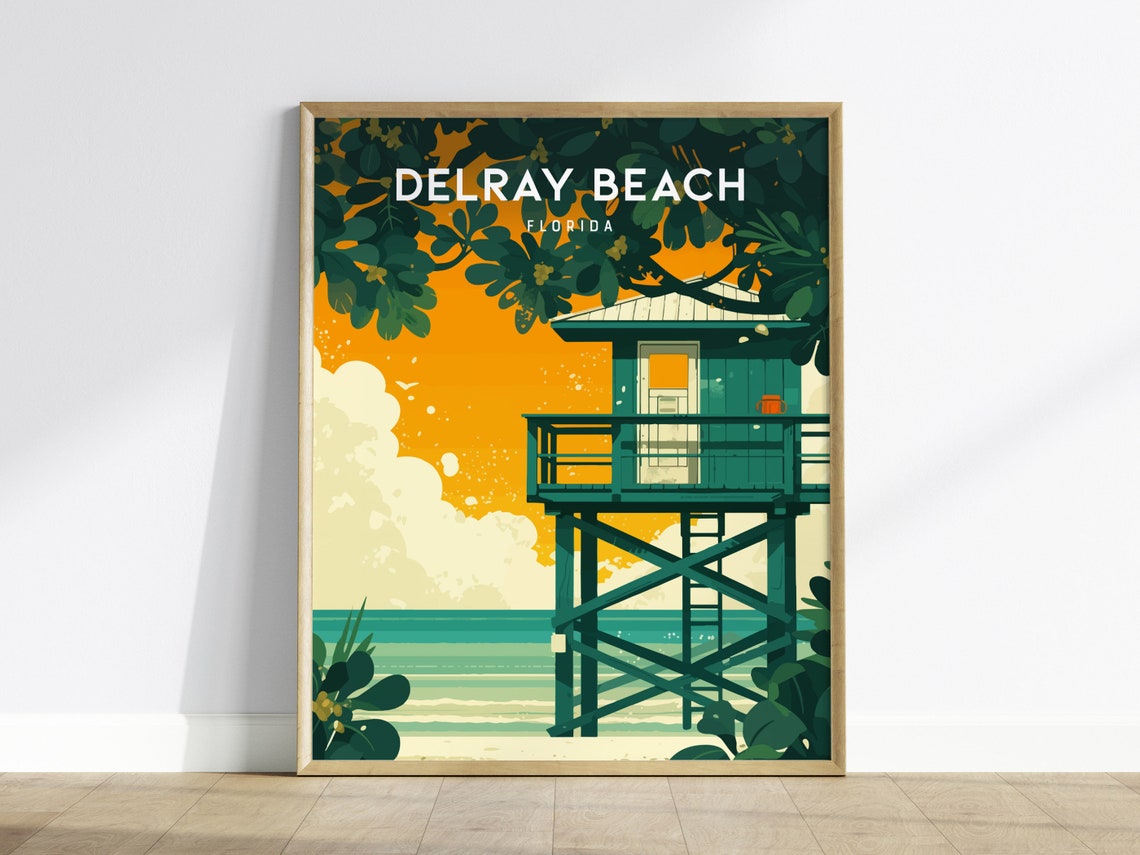 Delray Beach Florida Lifeguard Tower Palm Tree Sunset Poster