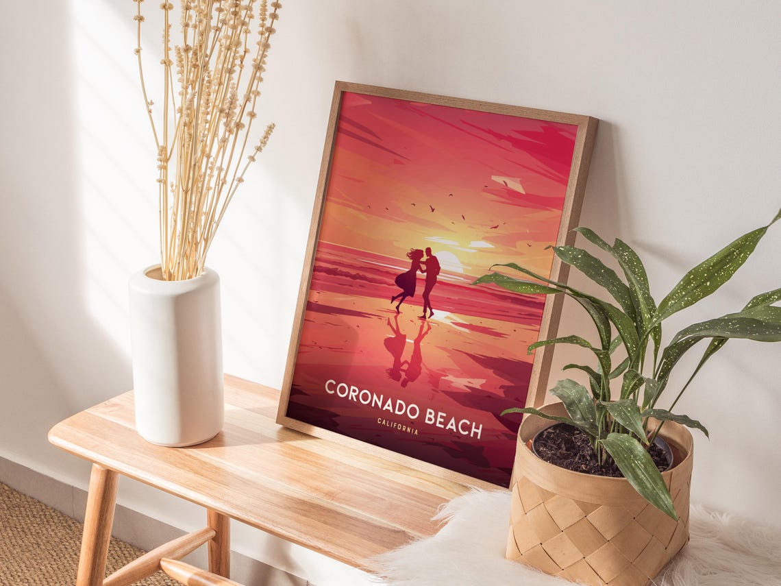 Coronado Beach California Romantic Sunset Silhouette Art Poster - Image 3
