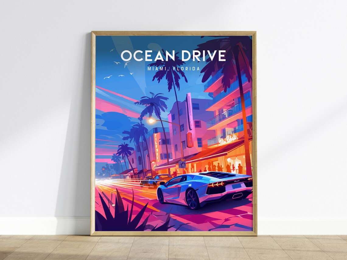 Ocean Drive South Beach Miami Travel Poster, 80s Style