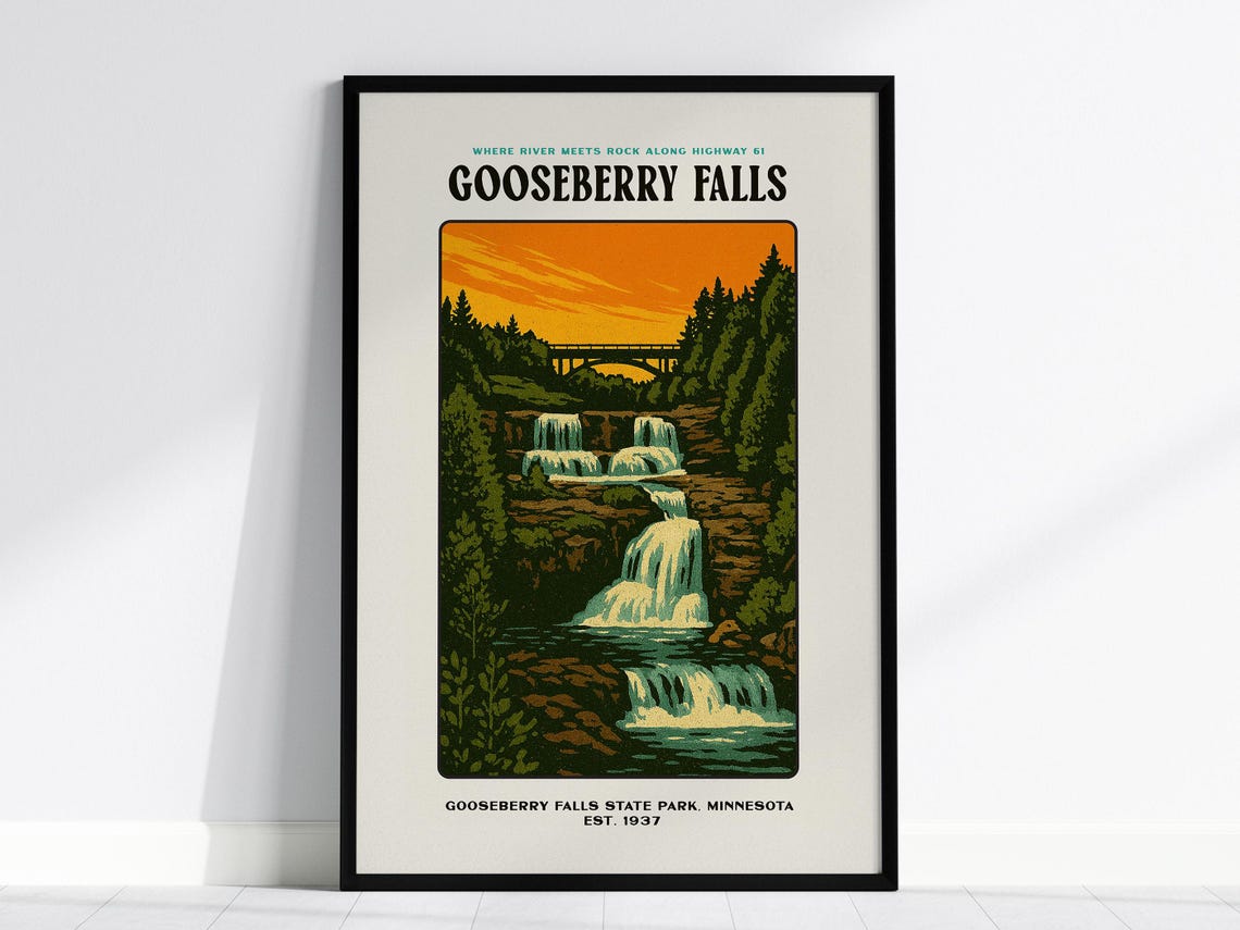 Gooseberry Falls Minnesota State Park Waterfall Retro Travel Poster