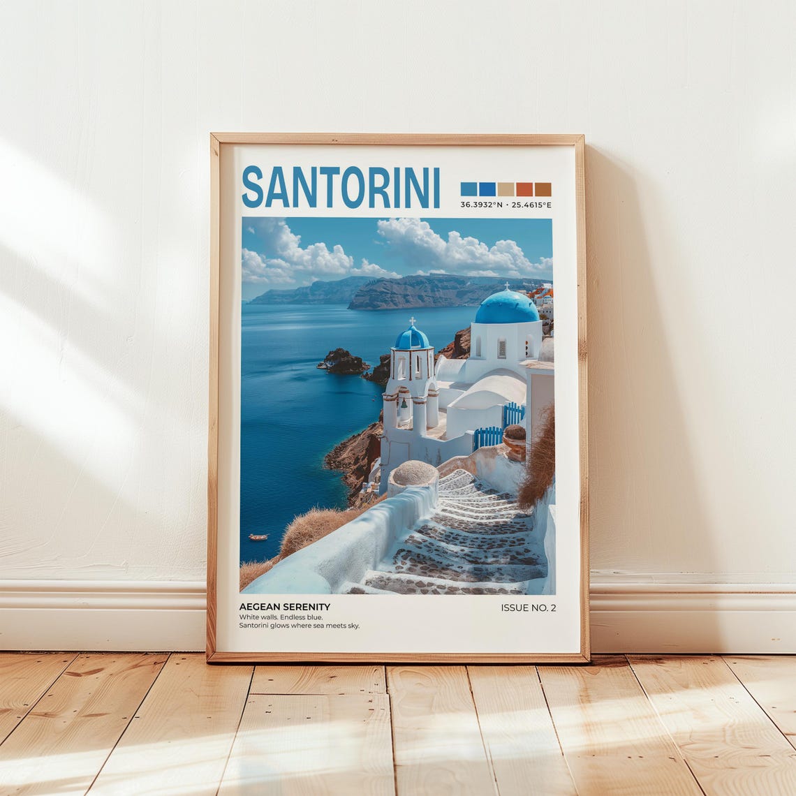 Santorini Greece Whitewashed Blue Domes Aegean Sea Travel Poster